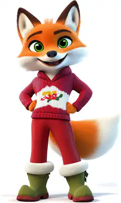 Ein Fuchs in rotem Pullover und grünen Stiefeln, vor weißem Hintergrund.