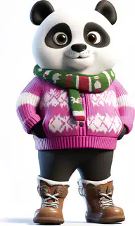 Ein Panda in einem pinken Pullover und grünem Schal mit schwarzer Hose, vor weißem Hintergrund.